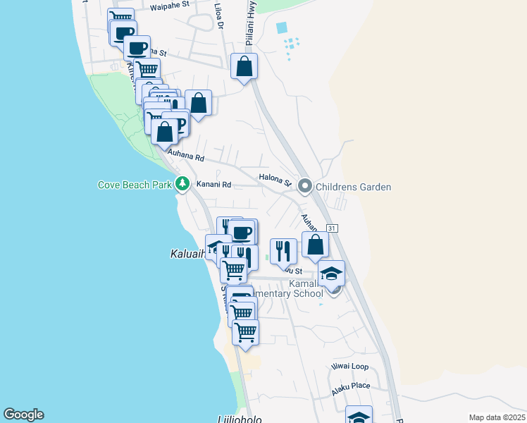 map of restaurants, bars, coffee shops, grocery stores, and more near 2196 Haukai Place in Kihei