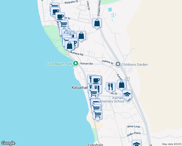 map of restaurants, bars, coffee shops, grocery stores, and more near 46 Walaka Street in Kihei