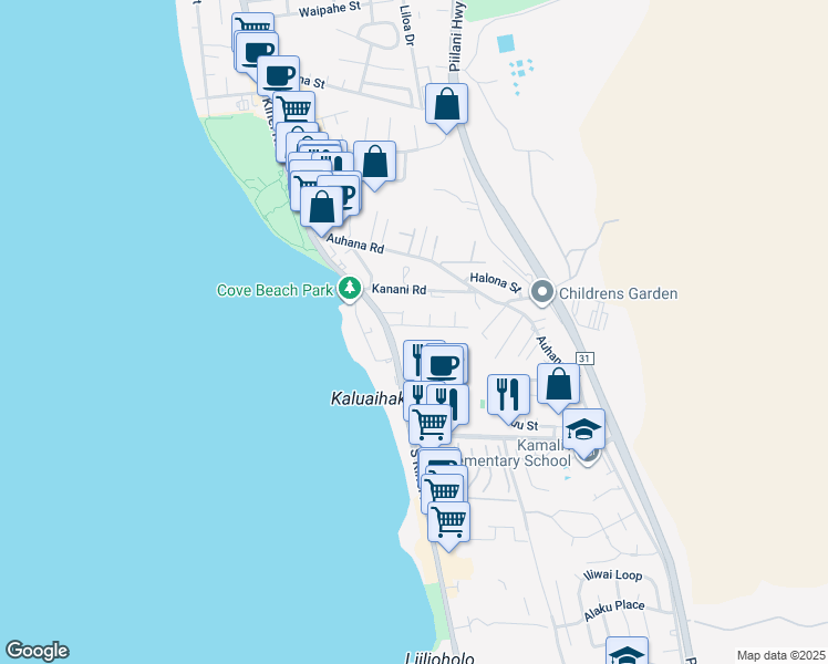 map of restaurants, bars, coffee shops, grocery stores, and more near 36 Walaka Street in Kihei