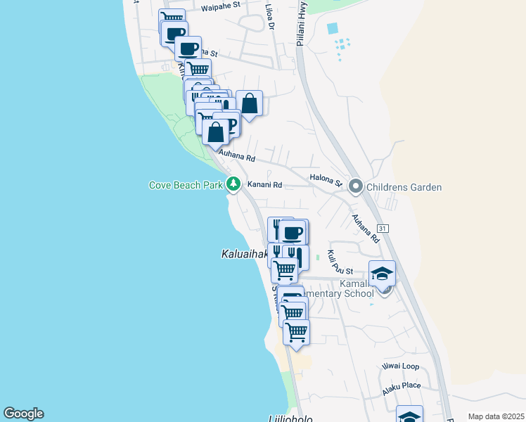 map of restaurants, bars, coffee shops, grocery stores, and more near 10 Walaka Street in Kihei