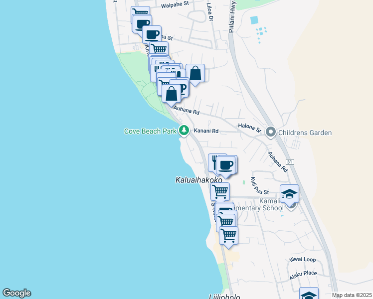 map of restaurants, bars, coffee shops, grocery stores, and more near 2152 Iliili Road in Kihei