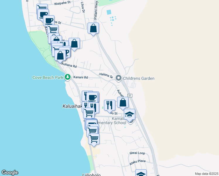 map of restaurants, bars, coffee shops, grocery stores, and more near 2172 Auina Place in Kihei