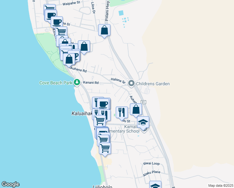 map of restaurants, bars, coffee shops, grocery stores, and more near 2185 Haukai Place in Kihei