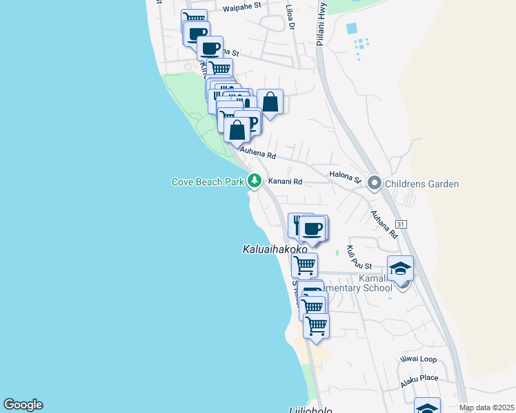 map of restaurants, bars, coffee shops, grocery stores, and more near 2152 Iliili Road in Kihei