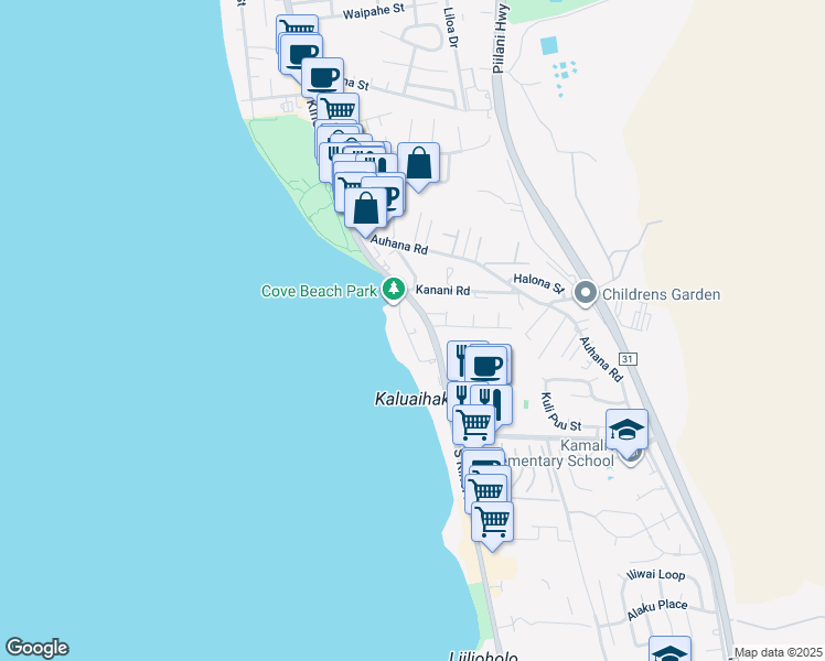 map of restaurants, bars, coffee shops, grocery stores, and more near 2159 Iliili Road in Kihei