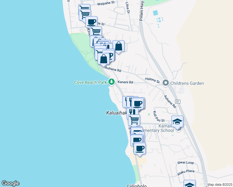 map of restaurants, bars, coffee shops, grocery stores, and more near 2159 Iliili Road in Kihei