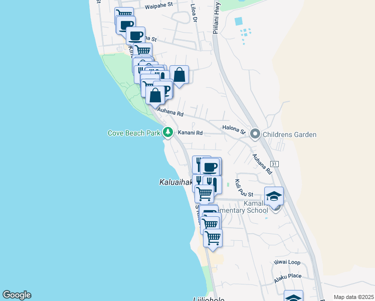 map of restaurants, bars, coffee shops, grocery stores, and more near 10 Walaka Street in Kihei