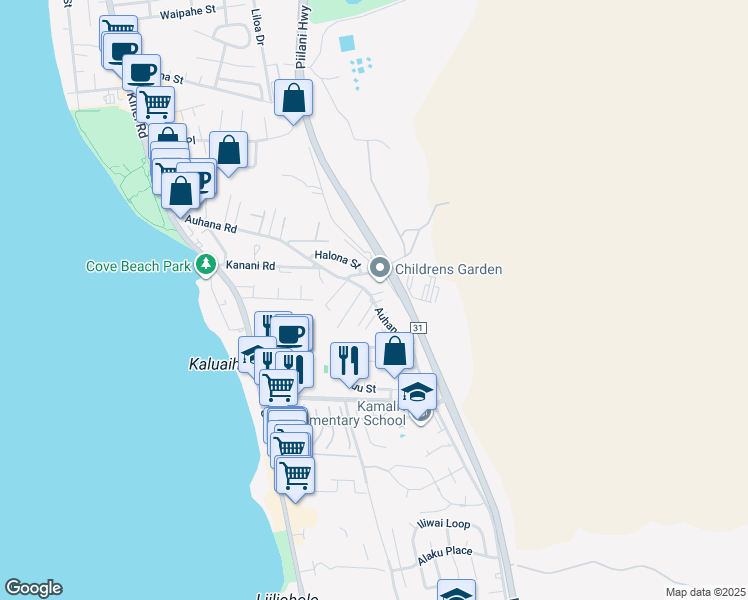 map of restaurants, bars, coffee shops, grocery stores, and more near 315 Auhana Road in Kihei