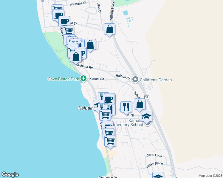 map of restaurants, bars, coffee shops, grocery stores, and more near 2141 Awihi Place in Kihei