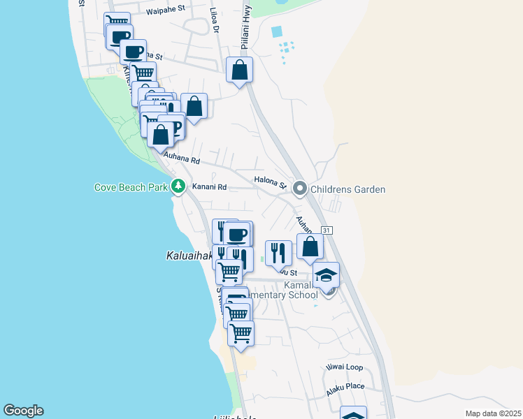 map of restaurants, bars, coffee shops, grocery stores, and more near 2190 Haukai Place in Kihei
