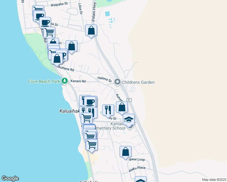 map of restaurants, bars, coffee shops, grocery stores, and more near 0 Auhana Road in Kihei