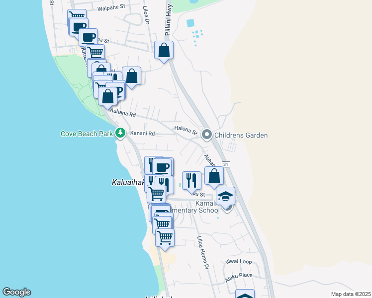map of restaurants, bars, coffee shops, grocery stores, and more near 2173 Haukai Place in Kihei