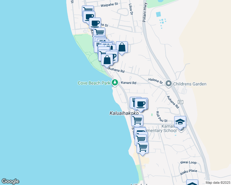 map of restaurants, bars, coffee shops, grocery stores, and more near 2142 Iliili Road in Kihei