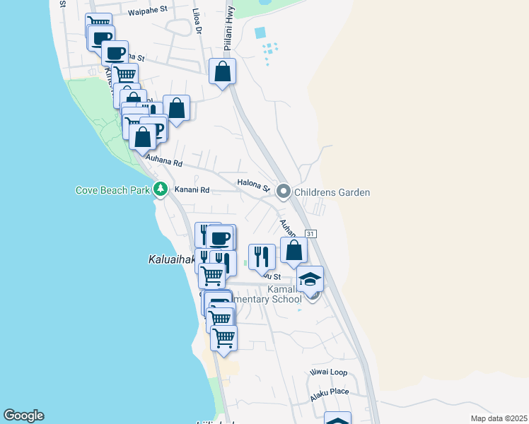 map of restaurants, bars, coffee shops, grocery stores, and more near 2164 Auina Place in Kihei
