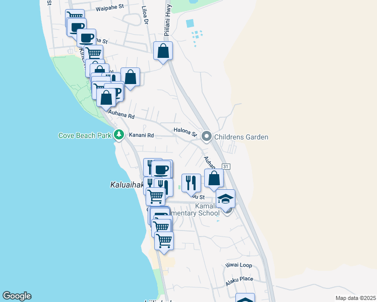 map of restaurants, bars, coffee shops, grocery stores, and more near 2165 Haukai Place in Kihei