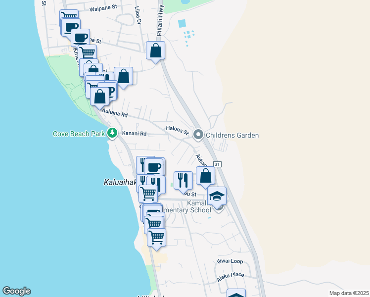 map of restaurants, bars, coffee shops, grocery stores, and more near 2164 Auina Place in Kihei