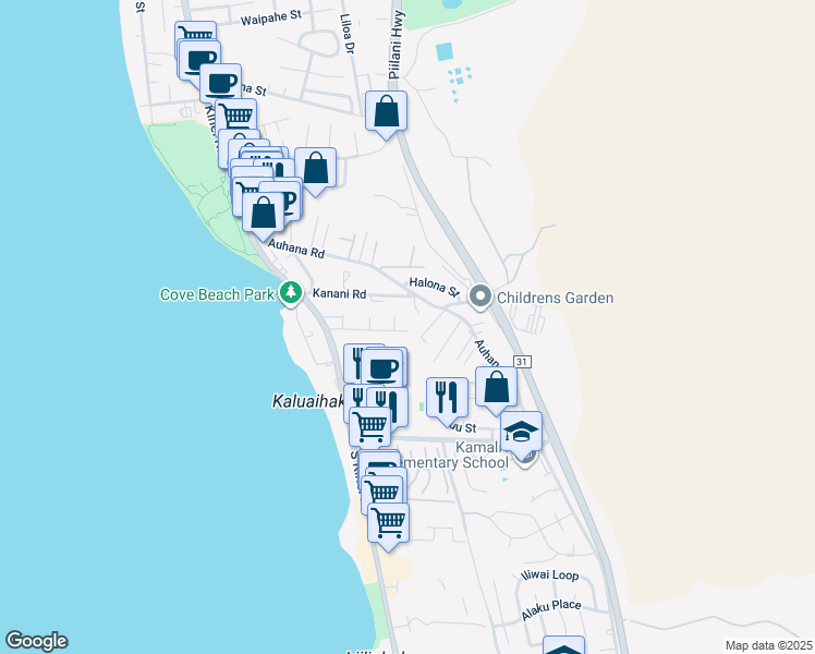 map of restaurants, bars, coffee shops, grocery stores, and more near 99 Walaka Street in Kihei