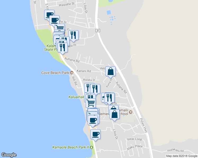 map of restaurants, bars, coffee shops, grocery stores, and more near 2198 Awihi Place in Kihei