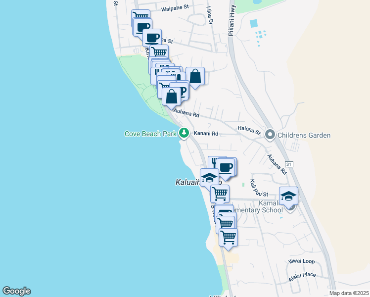 map of restaurants, bars, coffee shops, grocery stores, and more near 2142 Iliili Road in Kihei