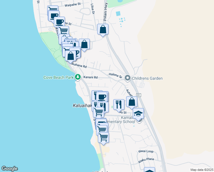 map of restaurants, bars, coffee shops, grocery stores, and more near 99 Walaka Street in Kihei