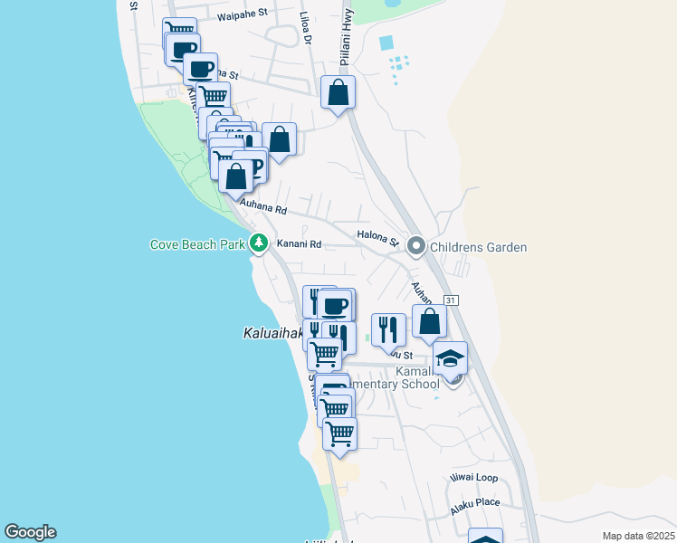 map of restaurants, bars, coffee shops, grocery stores, and more near 85 Walaka Street in Kihei