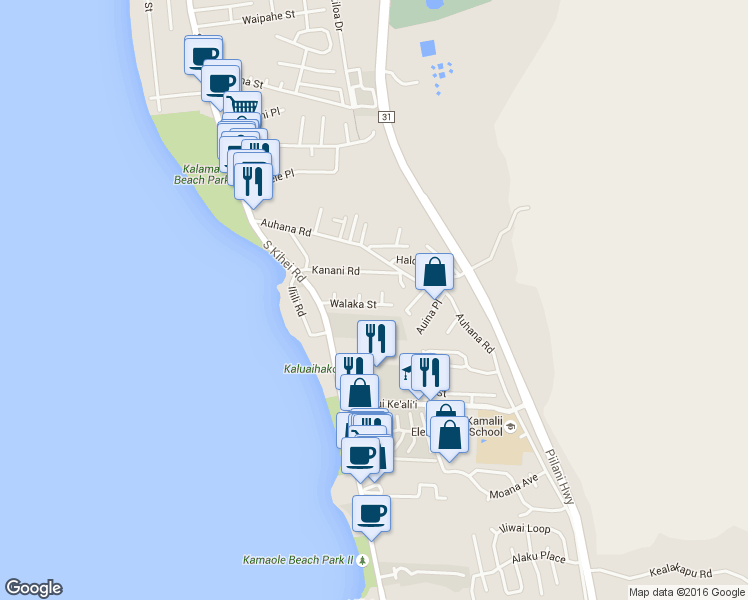 map of restaurants, bars, coffee shops, grocery stores, and more near 85 Walaka Street in Kihei