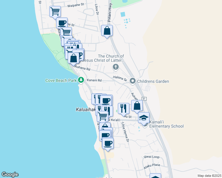 map of restaurants, bars, coffee shops, grocery stores, and more near 99 Walaka Street in Kihei