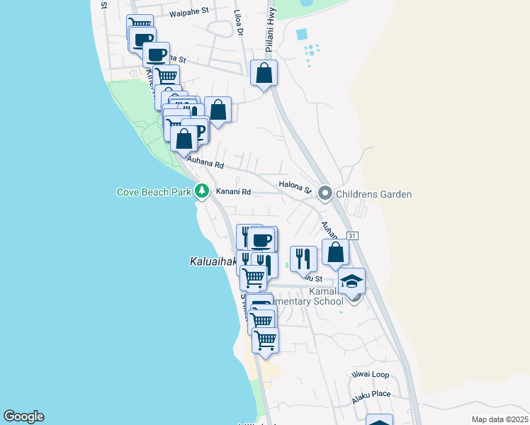 map of restaurants, bars, coffee shops, grocery stores, and more near 85 Walaka Street in Kihei