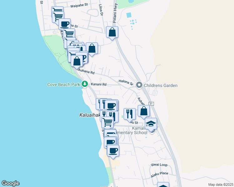 map of restaurants, bars, coffee shops, grocery stores, and more near 2140 Awihi Place in Kihei