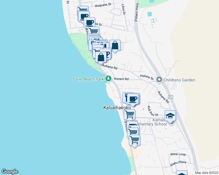 map of restaurants, bars, coffee shops, grocery stores, and more near 2142 Iliili Road in Kihei