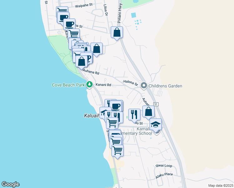 map of restaurants, bars, coffee shops, grocery stores, and more near 85 Walaka Street in Kihei