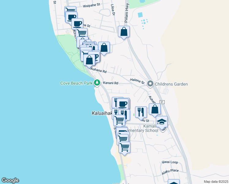 map of restaurants, bars, coffee shops, grocery stores, and more near 35 Walaka Street in Kihei