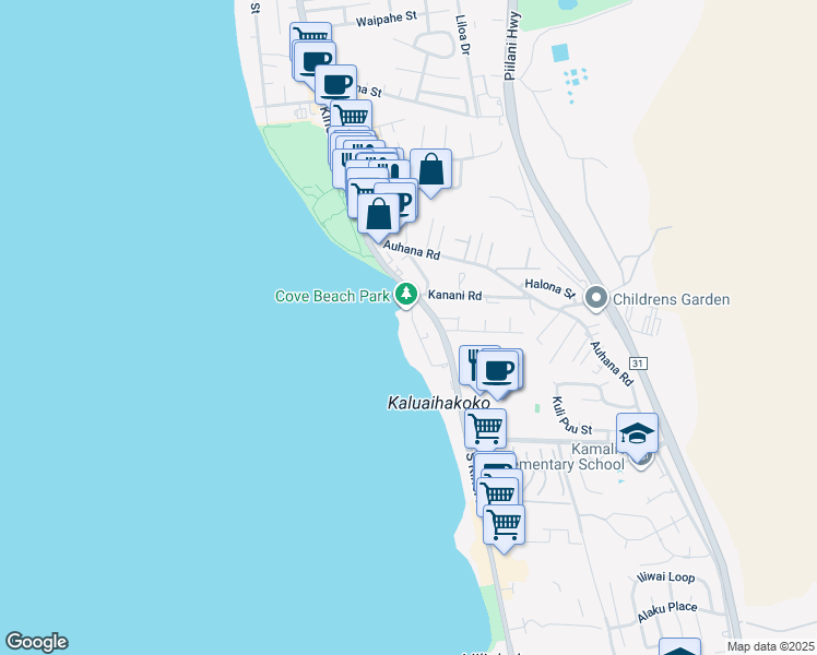 map of restaurants, bars, coffee shops, grocery stores, and more near 2142 Iliili Road in Kihei