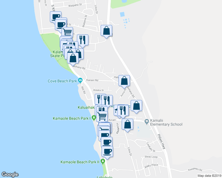 map of restaurants, bars, coffee shops, grocery stores, and more near 2140 Awihi Place in Kihei