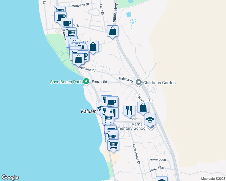 map of restaurants, bars, coffee shops, grocery stores, and more near 2140 Awihi Place in Kihei