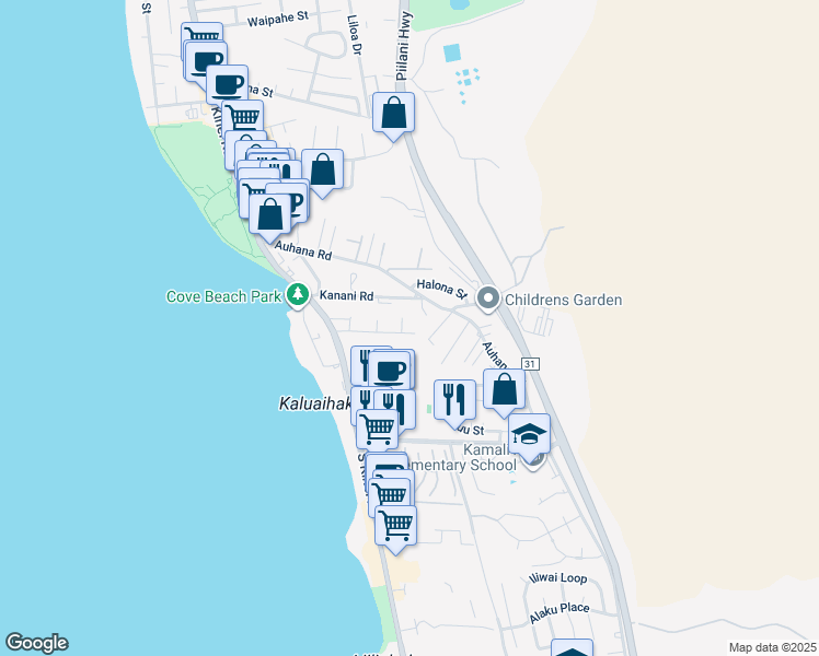map of restaurants, bars, coffee shops, grocery stores, and more near 99 Walaka Street in Kihei