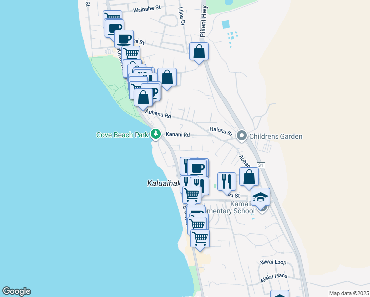 map of restaurants, bars, coffee shops, grocery stores, and more near 35 Walaka Street in Kihei
