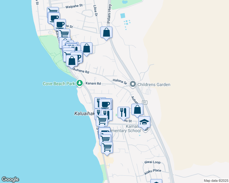 map of restaurants, bars, coffee shops, grocery stores, and more near 2150 Wai-Maka Place in Kihei