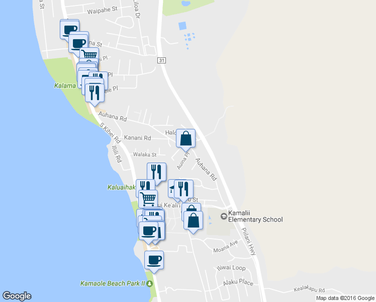map of restaurants, bars, coffee shops, grocery stores, and more near 2156 Auina Place in Kihei