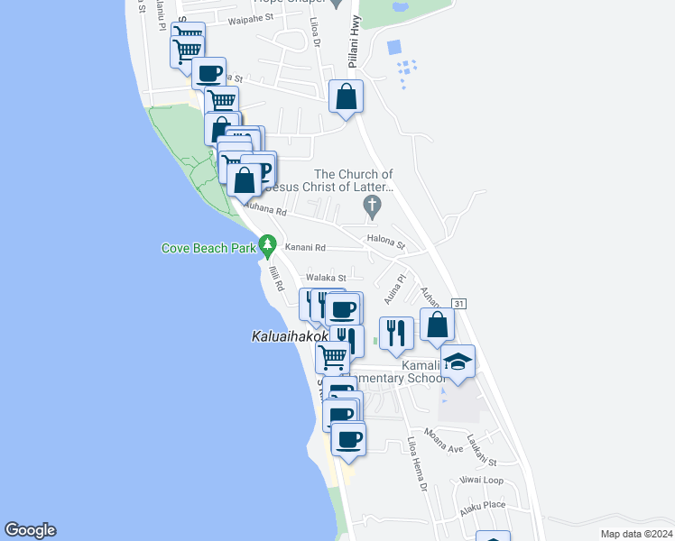 map of restaurants, bars, coffee shops, grocery stores, and more near 2144 Konou Place in Kihei