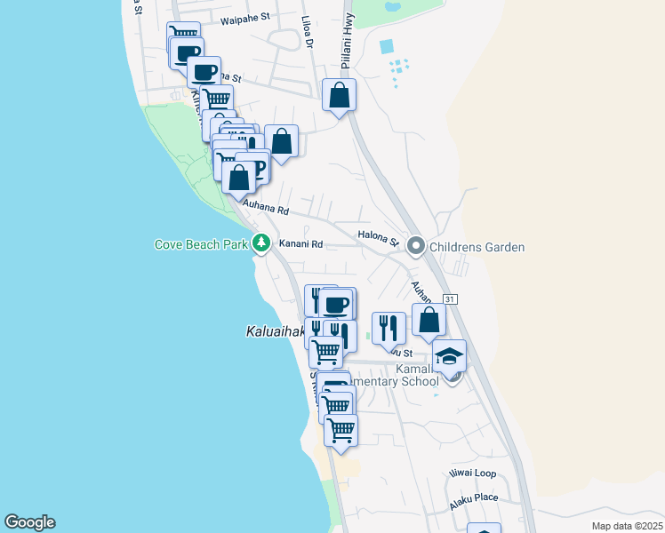 map of restaurants, bars, coffee shops, grocery stores, and more near 2144 Konou Place in Kihei