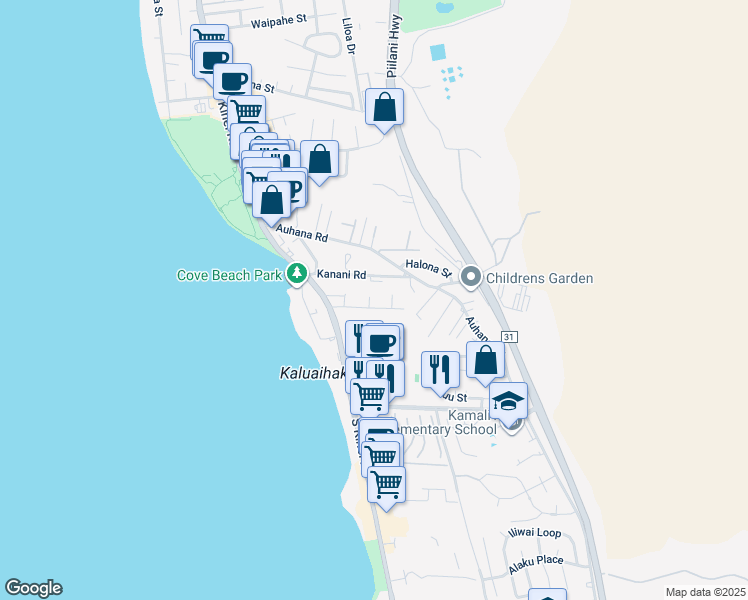 map of restaurants, bars, coffee shops, grocery stores, and more near 2144 Konou Place in Kihei