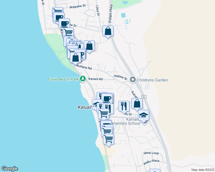 map of restaurants, bars, coffee shops, grocery stores, and more near 2141 Awihi Place in Kihei