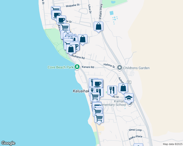 map of restaurants, bars, coffee shops, grocery stores, and more near 35 Walaka Street in Kihei