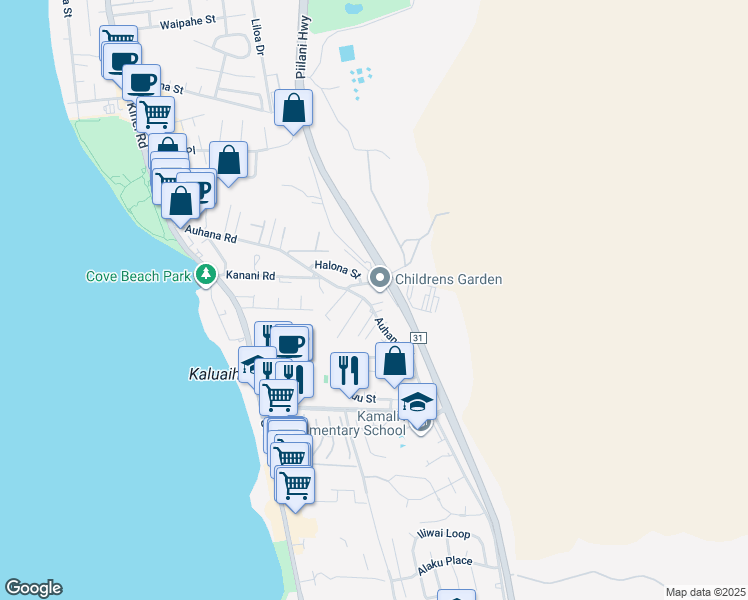 map of restaurants, bars, coffee shops, grocery stores, and more near 315 Auhana Road in Kihei