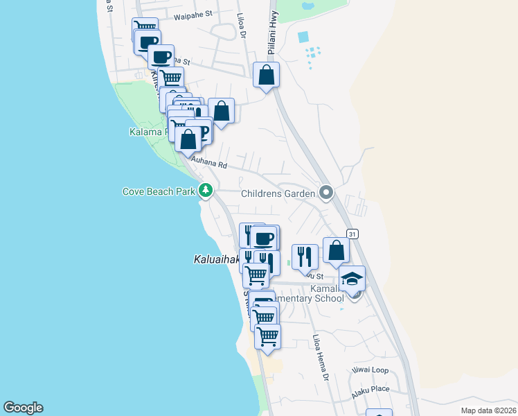 map of restaurants, bars, coffee shops, grocery stores, and more near 35 Walaka Street in Kihei