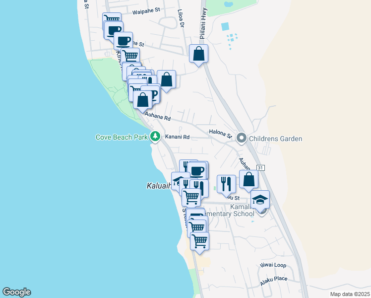 map of restaurants, bars, coffee shops, grocery stores, and more near 35 Walaka Street in Kihei