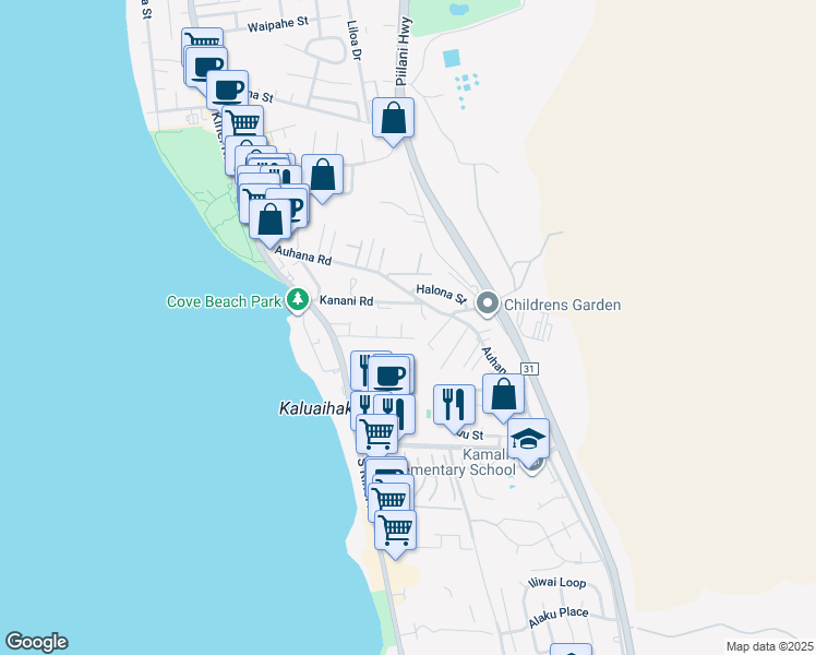 map of restaurants, bars, coffee shops, grocery stores, and more near 2140 Awihi Place in Kihei