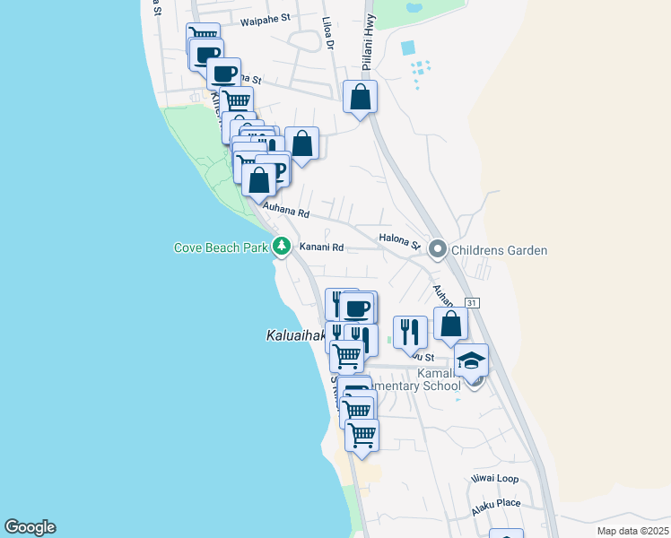 map of restaurants, bars, coffee shops, grocery stores, and more near 35 Walaka Street in Kihei