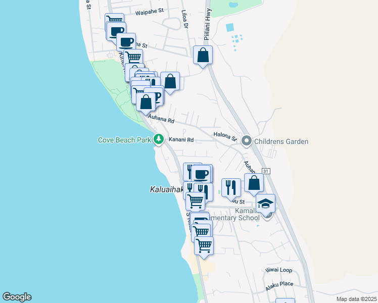 map of restaurants, bars, coffee shops, grocery stores, and more near 35 Walaka Street in Kihei